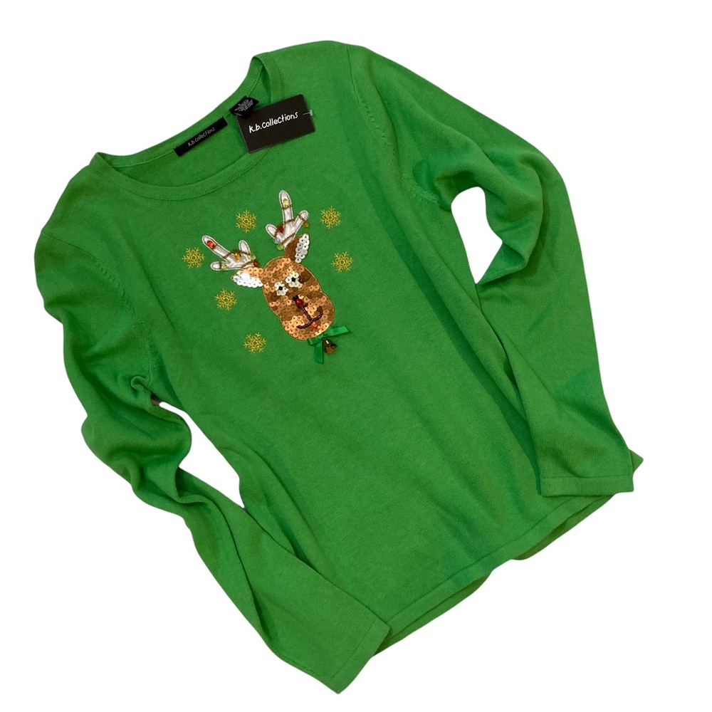 UGLY/CUTE GREEN CHRISTMAS SWEATER WITH A SEQUINED REINDEER WOMENS SIZE SMALL